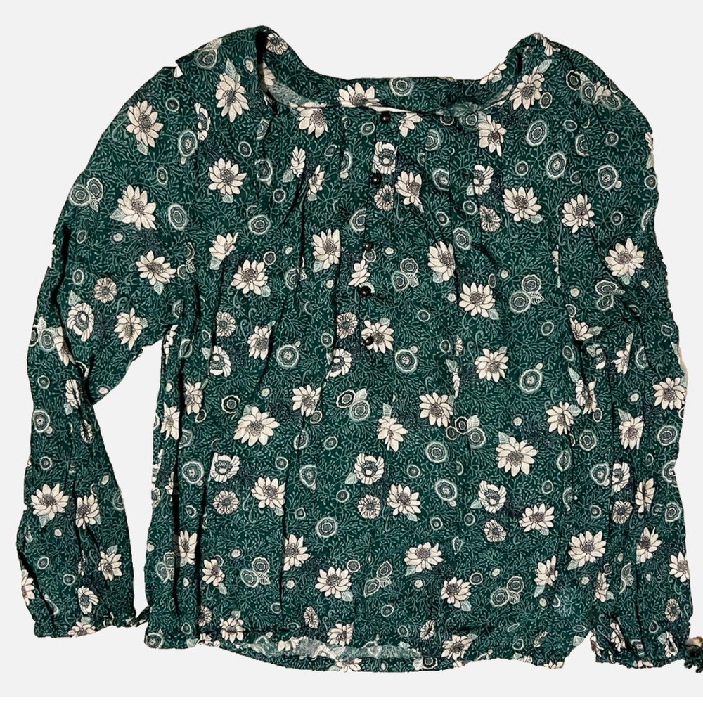 Lucky Brand Women Green & White Floral Round Neck Long Sleeve Blouse Top